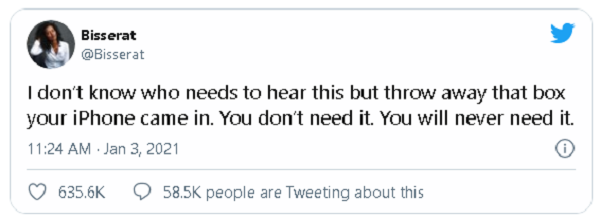 Một người dùng tweet đã đăng một thông điệp nói rằng mọi người nên vứt chiếc hộp iPhone của mình đi. Kể từ khi dòng tweet đó được đăng tải, đã có hàng chục nghìn người dùng tham gia vào tranh luận, cãi nhau về việc nên hay không nên giữ những chiếc hộp này, và có thể làm gì với chúng.