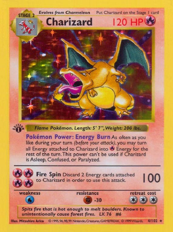 Thẻ Shadowless Holographic Charizard phiên bản đầu không có bóng của nhân vật trên hình. Phiên bản đầu tiền của holographic Charizard có thể có giá lên tới trên 1 tỉ đồng, hoặc thậm chí còn hơn nếu ở trong điều kiện tốt.
