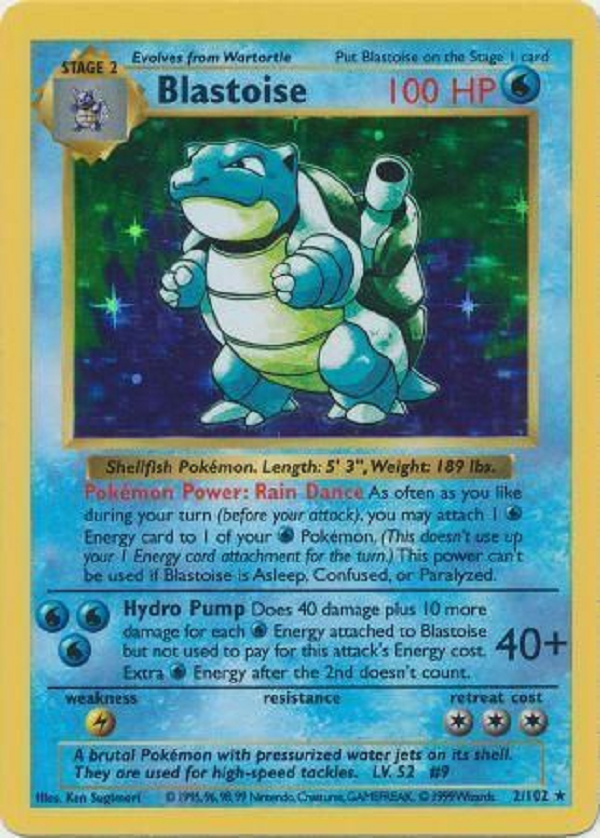 Shadowless Holographic Blastoise phiên bản đầu: Những chiếc thẻ có hình nhân vật bị in thiếu bóng do lỗi thường rất là hiếm, và vì vậy nên có giá trị lớn! Blastoise không phải là chiếc thẻ thiếu bóng đắt nhất, nhưng khi ở trong tình trạng tốt, có thể có giá lên tới 230 triệu đồng.