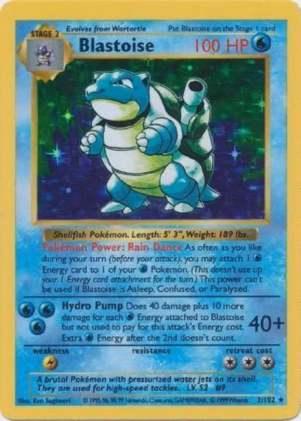 Shadowless Holographic Blastoise phiên bản đầu: Những chiếc thẻ có hình nhân vật bị in thiếu bóng do lỗi thường rất là hiếm, và vì vậy nên có giá trị lớn! Blastoise không phải là chiếc thẻ thiếu bóng đắt nhất, nhưng khi ở trong tình trạng tốt, có thể có giá lên tới 230 triệu đồng.