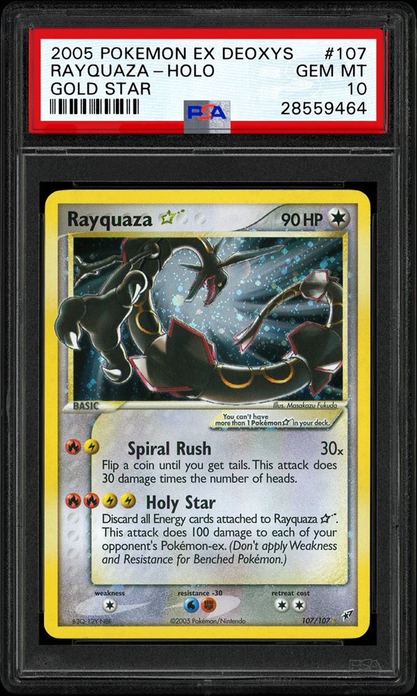 Thẻ 2005 EX Deoxys #107 Rayquaza Gold Star Holo PSA 10 Gem: Rayquaza là một trong những Pokemon mạnh nhất, và đặc biệt đã nhận được kha khá sự quan tâm sau khi được dùng làm linh vật cho trò Pokemon Emerald.