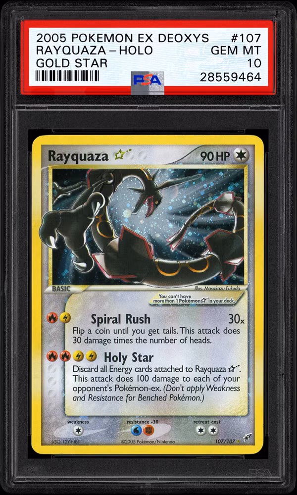 Thẻ 2005 EX Deoxys #107 Rayquaza Gold Star Holo PSA 10 Gem: Rayquaza là một trong những Pokemon mạnh nhất, và đặc biệt đã nhận được kha khá sự quan tâm sau khi được dùng làm linh vật cho trò Pokemon Emerald.