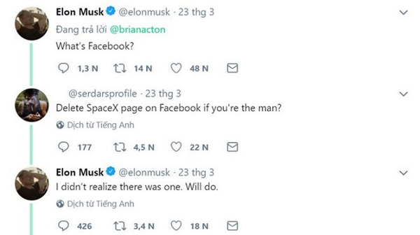 Trong bài đăng kêu gọi xóa Facebook (#DeleteFacebook) của đồng sáng lập WhatsApp Brian Acton, Musk trả lời rằng "Facebook là gì?". Khi được hỏi liệu có xóa fanpage của SpaceX hay không, Musk nói "Tôi còn chẳng nhận ra là có (fanpage). Sẽ xóa thôi".