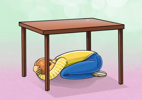 Nếu gặp động đất, nằm sát xuống đất, chui xuống gầm bàn. Trong trường hợp không có bàn, hãy đi vào góc phòng, ngồi sát tường và che đầu bằng gối. Giữ nguyên tư thế ấy cho đến khi trận động đất qua đi, và chỉ di chuyển nếu bức tường có nguy cơ đổ sụp.