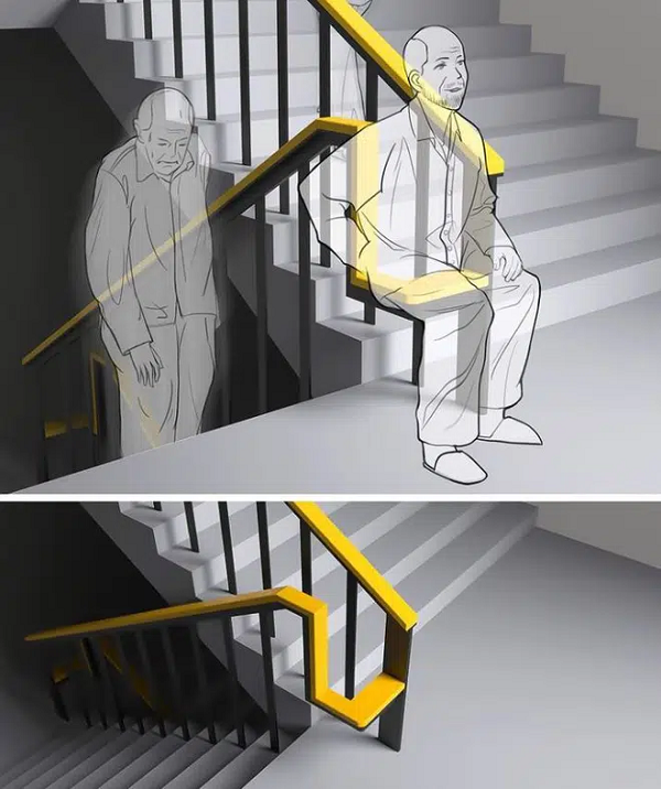 Thay đổi một chút thiết kế tay vịn cầu thang là đã cho người lớn tuổi có chỗ nghỉ ngơi sau khi leo nhiều tầng.