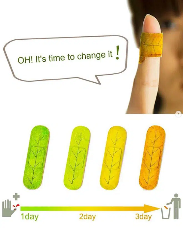 Băng gạc cầm máu hình lá, có thể dần thay đổi màu sắc để cho người đeo biết rằng đã đến lúc phải thay.