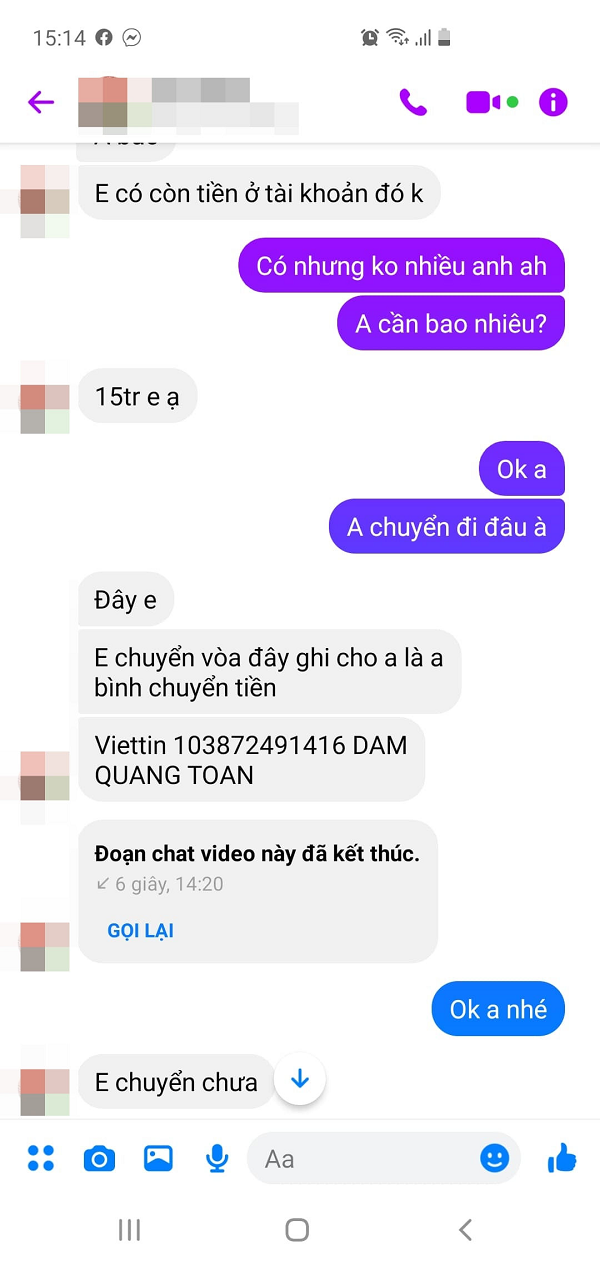 Mãi sau anh mới biết bạn bị mất Facebook và các cuộc gọi đều là giả. Chỉ có số tiền bị mất của anh là thật.
