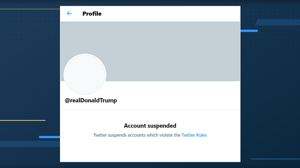 Twitter nói rằng tài khoản @realDonaldTrump của Tổng thống Trump, có hơn 88 triệu người theo dõi, sẽ bị chặn ngay lập tức. Công ty này nói rằng, 2 đoạn tweet mà ông Trump đã đăng tải trong hôm thứ Sáu vừa qua – một đoạn kêu gọi người ủng hộ ông là “người yêu nước” và đoạn còn lại nói rằng ông sẽ không tới buổi Lễ tuyên thệ ngày 20/1 – đã một lần nữa vi phạm các quy định của họ.