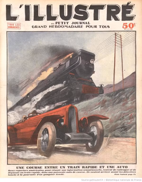 Họa sĩ Pháp đã tưởng tượng ra một màn rượt đuổi ngoạn mục giữa một chiếc ô tô khủng với một đoàn tàu hỏa – phương tiện được cho là di chuyển nhanh nhất thời bấy giờ. Ngồi trên xe là các phóng viên, họ đuổi theo đoàn tàu nhằm thu được những thông tin giật gân về những tên cướp ở trên đoàn tàu đó.