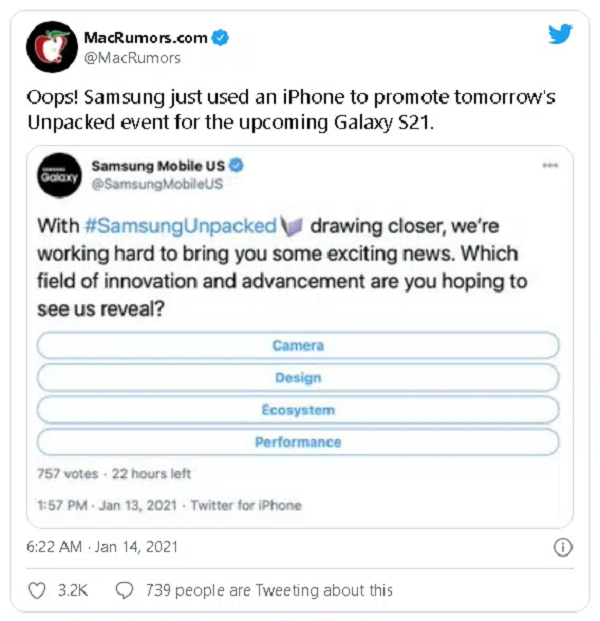 Trước khi sự kiện Unpacked chính thức diễn ra, Samsung đã đăng một bài viết trên Twitter nhằm hâm nóng cho sự kiện này. Thế nhưng bài viết lại được đăng từ một chiếc iPhone.