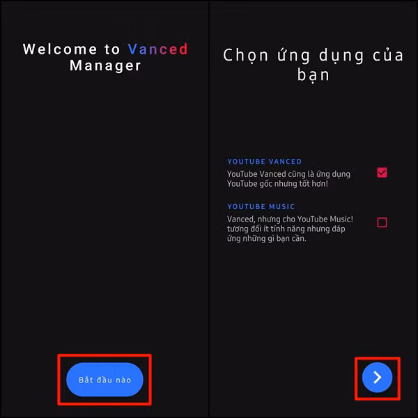 Bước 3: Chọn mục Cài đặt ngay bên cạnh chữ ứng dụng YouTube Vanced > Điều chỉnh Nền, Phiên bản, Ngôn ngữ theo ý muốn > Nhấn Cài đặt một lần nữa để hoàn tất.