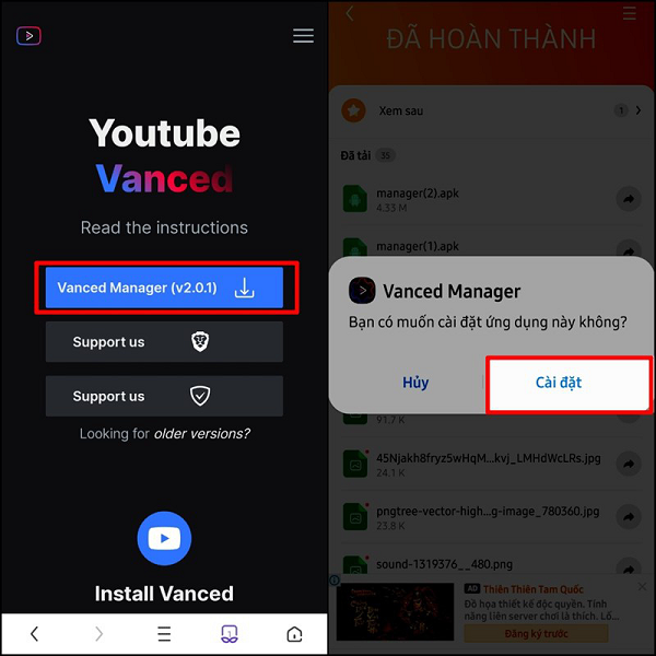 Trong phiên bản này sẽ có hai ứng dụng đó là YouTube Vanced và Youtube Music &gt; Nhấn dấu mũi tên.