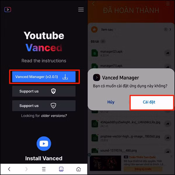 Trong phiên bản này sẽ có hai ứng dụng đó là YouTube Vanced và Youtube Music > Nhấn dấu mũi tên.