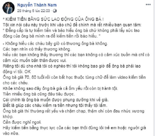 Tuy nhiên ngay sau những dòng chia sẻ trên, Nguyễn Thành Nam đã gặp phải sự phản đối, “gạch đá” của cộng đồng mạng. Có người cho rằng, đây không phải là lợi dụng sức lao động của người già, mà đơn giản là họ tìm thấy được niềm vui ở công việc này nên hãy để cho họ được phát triển tự nhiên. Thậm chí có người còn nghĩ anh chàng chẳng qua đang cảm thấy ghen tỵ vì các cụ ông cụ bà tăng sub nhanh hơn cả mình.