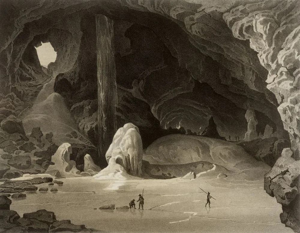 Một bản in thạch bản năm 1845 cho thấy những người đang khám phá hang Kolowratshöhle vài năm sau khi phát hiện ra nó gần biên giới Đức, phía tây Salzburg (Áo). Ảnh: National Geographic