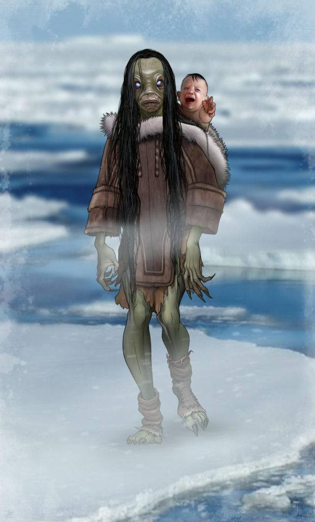 Qallupilluit được miêu tả sở hữu bàn tay và bàn chân có màng, móng tay dài. Nó thường khoác lên người tấm áo choàng và nhét nạn nhân vào bên trong. Ảnh: mythlok.com.