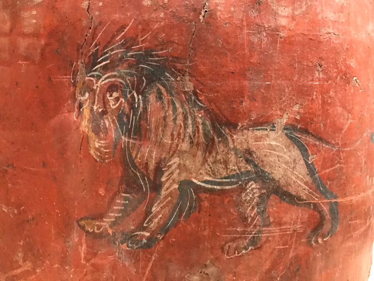 Mặt trước của tấm khiên được phủ bằng da rồi được sơn. Theo Phòng trưng bày nghệ thuật của Đại học Yale, "trang trí sơn trên tấm khiên phản ánh biểu tượng chiến thắng của La Mã bao gồm một con đại bàng với vòng nguyệt quế và một con sư tử". Ảnh: Jromansites.