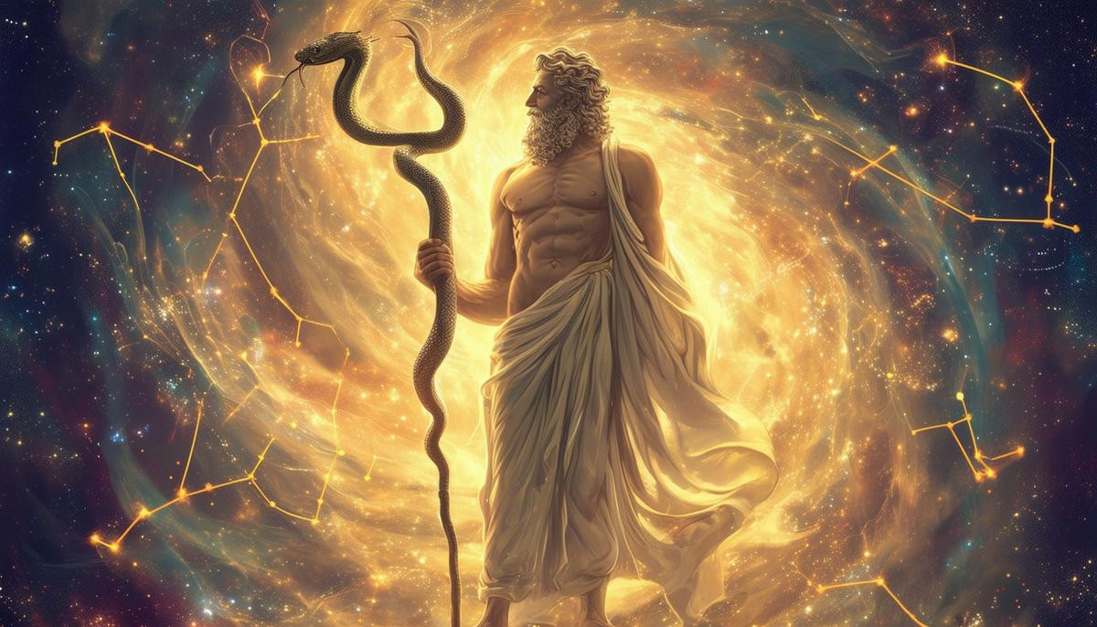 Trên đường đi thăm một người bạn, thần Esculape bắt gặp một con rắn. Thấy vậy, ông đưa cây gậy ra và con rắn từ từ bò lên, quấn quanh cây gậy. Thấy vậy, thần Esculape lấy cây gậy đập xuống đất để giết chết con rắn. Ảnh: paleothea.