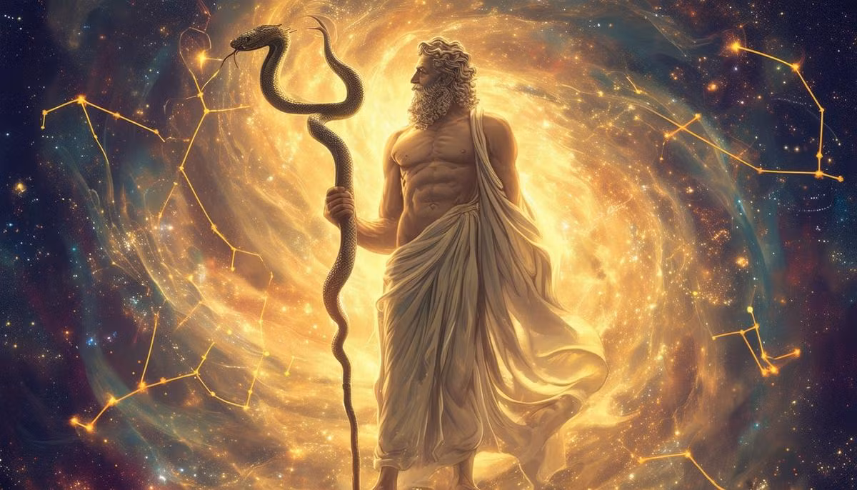 Trên đường đi thăm một người bạn, thần Esculape bắt gặp một con rắn. Thấy vậy, ông đưa cây gậy ra và con rắn từ từ bò lên, quấn quanh cây gậy. Thấy vậy, thần Esculape lấy cây gậy đập xuống đất để giết chết con rắn. Ảnh: paleothea.