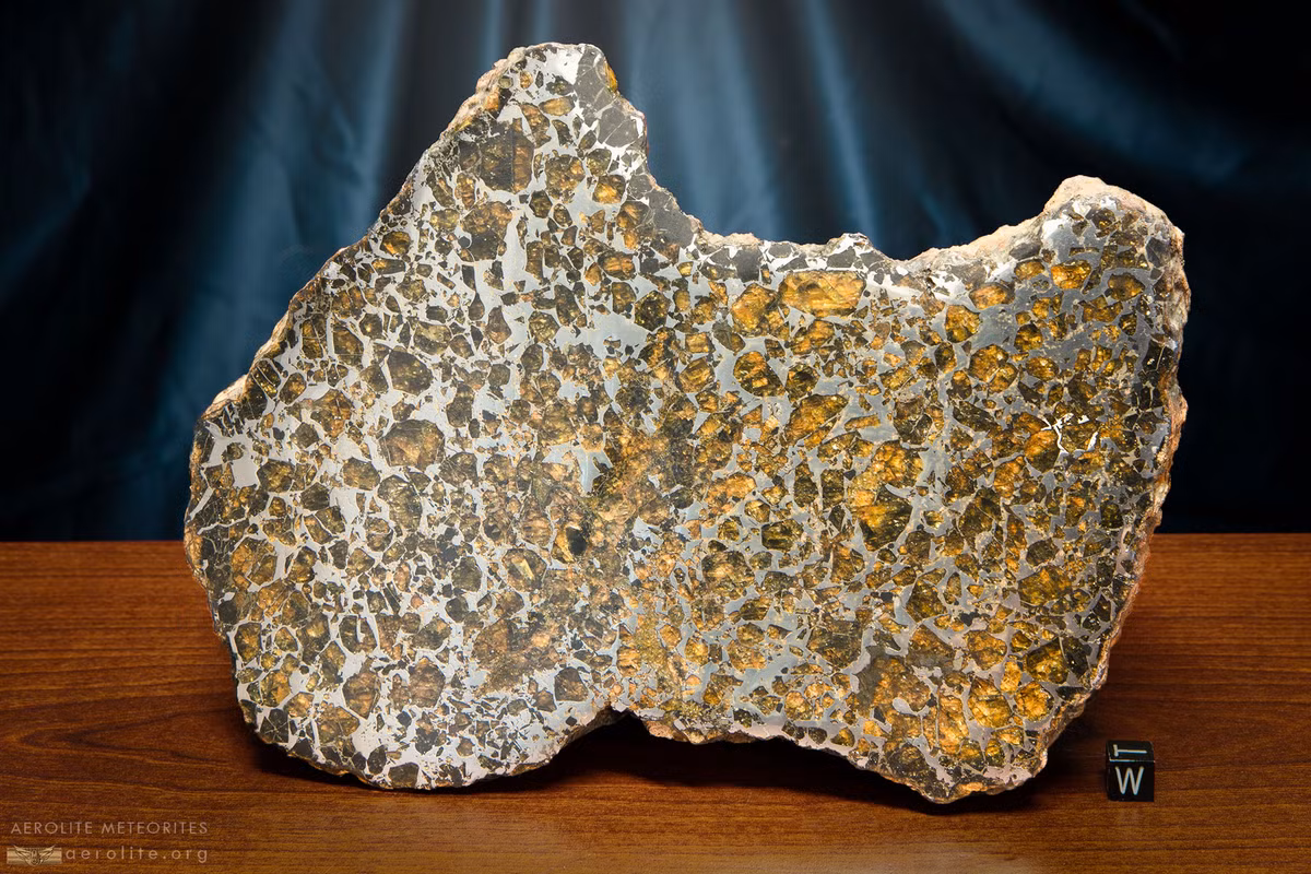 Pallasite chứa những tinh thể màu olive - xanh lá cây lớn (một dạng silicate magie - sắt gọi là olivine lẫn trong kim loại). Đôi khi, olivine không xuất hiện như tinh thể đơn lẻ mà dưới dạng chùm. Ở một số mẫu khác, chúng có thể tạo ra hoa văn hình mạng xuyên qua kim loại rắn. Ảnh: aerolite.