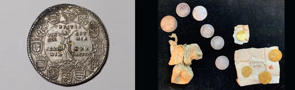 Theo ông Ulf, vào khoảng những năm 1640, có người đã sử dụng nhà thờ St. Andrew như một nơi trú ẩn an toàn để cất giữ tài sản của họ. Người này đã đặt 4 túi tiền đựng 816 đồng xu vào một hốc ở chân của bức tượng bằng đá sa thạch. Ảnh: U. Dräger, Halle.