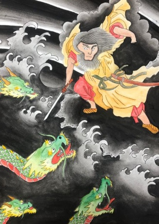 Khi Yamata no Orochi đã say sưa trong men rượu, thần Susanoo xông ra chặt 8 đầu của quái vật này. Sau khi tiêu diệt quái thú trên, thần Susanoo cưới người con gái út của vợ chồng trên và sau đó trở lại thiên đình. Ảnh: artpal.