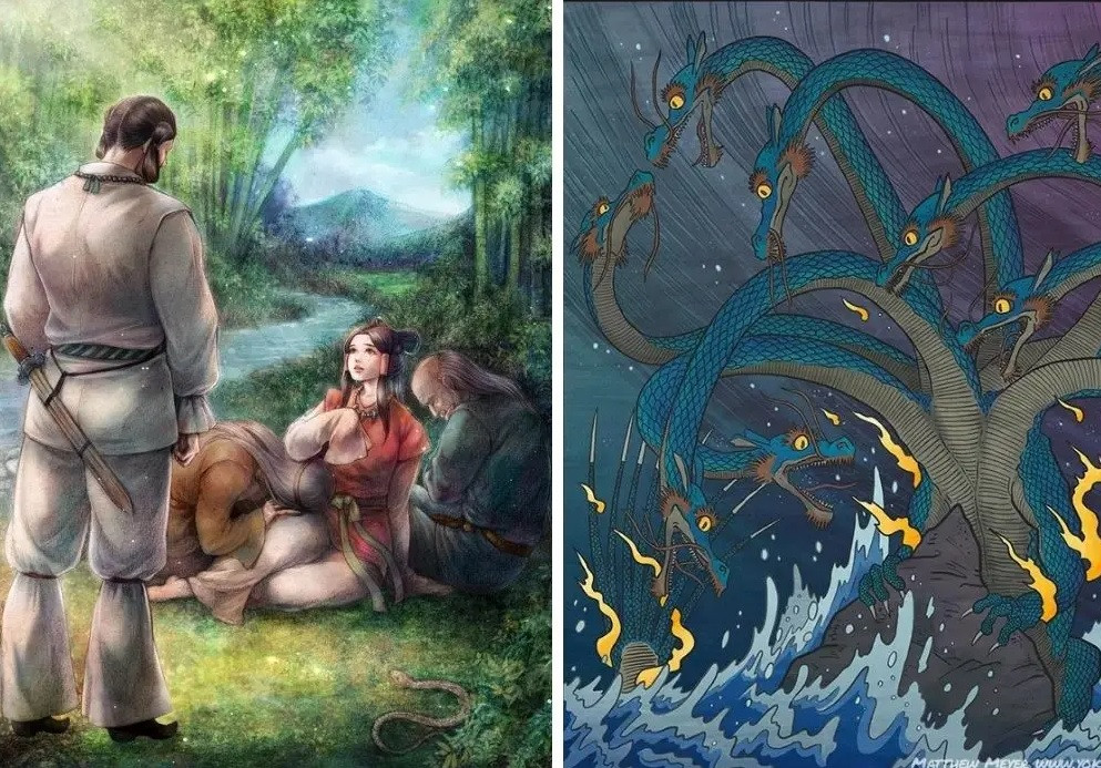 Thấy vậy, thần Susanoo tiến đến và hỏi rõ ngọn ngành. Vợ chồng đó đau khổ kể rằng, 7 người con gái của họ đã bị Yamata no Orochi bắt và ăn thịt. Sinh vật này thậm chí còn đòi gia đình này giao nộp nốt người con gái út. Ảnh: Matthew Meyer.