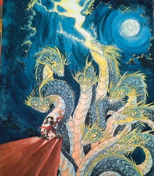 Yamata no Orochi sở hữu đôi mắt đỏ như máu. Vào ban đêm, người ta có thể nhìn thấy rõ đôi mắt đáng sợ của quái vật rắn khổng lồ này. Ảnh: mythos-and-legends.