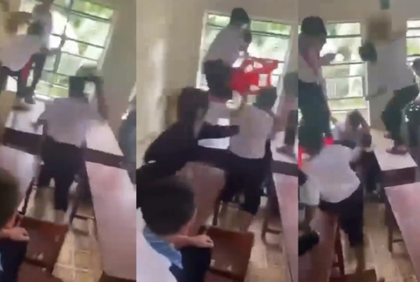 Đến 11h 25 ngày 23/9, L. không tham gia trực tiếp, nhưng kêu nhóm học sinh lớp 8 cùng trường đánh N. ngay tại lớp. Nhóm này đánh N. bằng tay, chân, chổi, nón bảo hiểm, ghế, cây... N. không dám kháng cự. Nhiều học sinh chứng kiến sự việc không báo với nhà trường mà đứng cổ vũ; em T.T.N.H dùng điện thoại quay clip toàn bộ sự việc. 