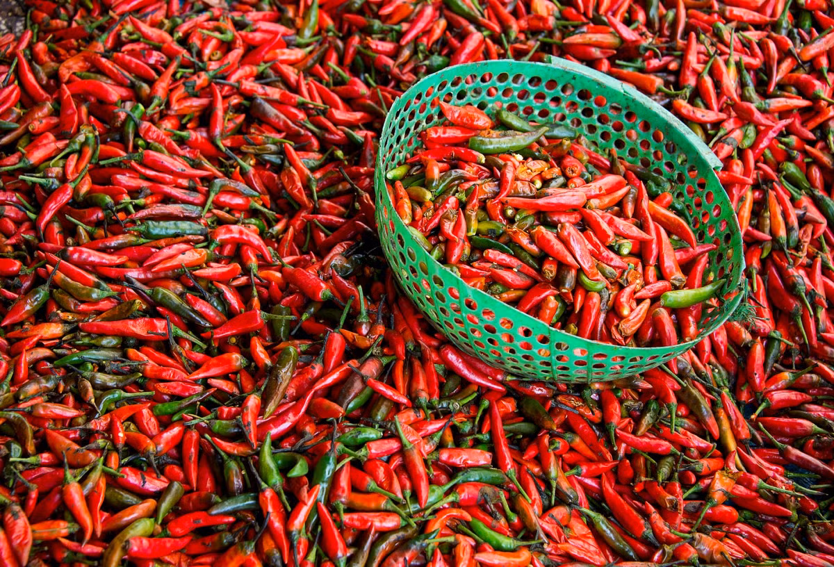 Màu đỏ rực bắt mắt của sạp ớt ở chợ Bình Tây, TP HCM. Ảnh: Raymond Low - 500px.com