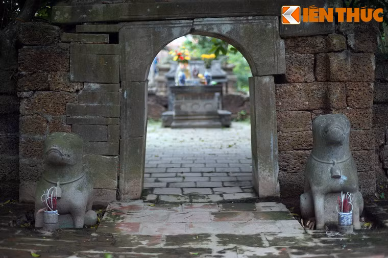 Tượng chó đá bên trái cổng lăng bị vùi một phần dưới đất.