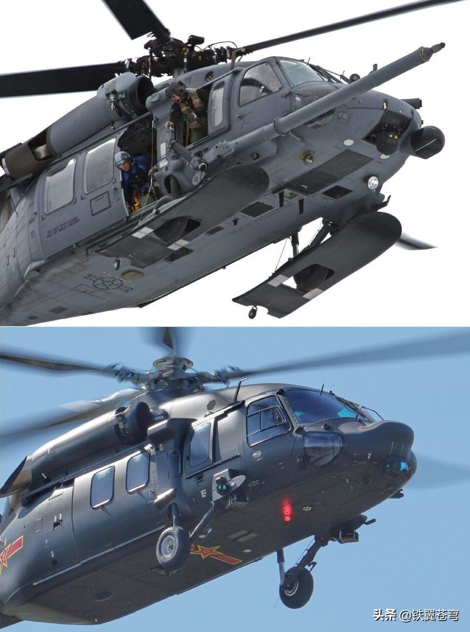 Phần dưới thân của trực thăng Z-20 của Trung Quốc cũng có cấu tạo với các cảm biến được đặt gọn gàng hơn, không chi chít như trên phiên bản trực thăng Mỹ. Phần đầu của Z-20 có mũi nhọn hơn và được thấy rất rõ, trong khi với Black Hawk, phần mũi khá liền mạch và thuôn. Nguồn ảnh: Sina.