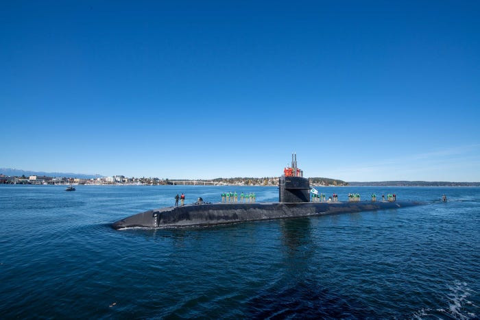 Được đóng từ năm 1984, tàu ngầm USS Olympia thuộc lớp tàu ngầm tấn công nhanh Los Angeles và là chiếc thứ hai được đóng theo lớp này. Tàu được hạ thuỷ từ năm 1983. Nguồn ảnh: BI.