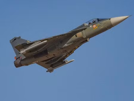 HAL Tejas: Chiến đấu cơ tấn công hạng nhẹ đa nhiệm Tejas là sản phẩm do hãng Hindustan Aeronautics Limited (HAL) phát triển cho Không quân và Hải quân Ấn Độ. Máy bay này có thể được trang bị cùng 1 khẩu pháo nòng đôi cỡ nòng 23mm, các tên lửa không đối không, không đối đất, tên lửa chống hạm và các loại bom với tải trọng tối đa là 3.500 kg.