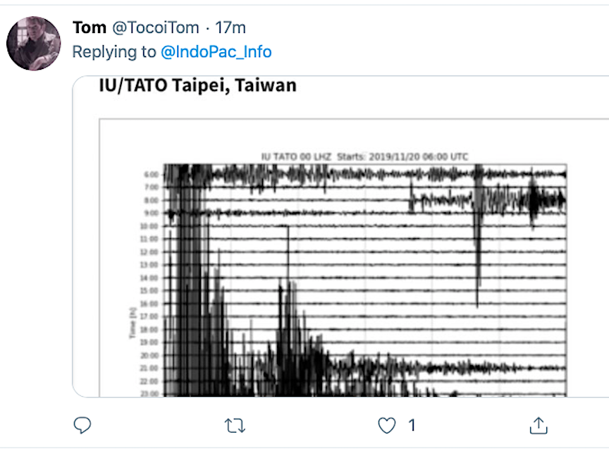 Các thông tin đo đạc của các cơ quan, tổ chức địa chất trên khắp thế giới cũng cho biết, khu vực biển Đông nằm cạnh rãnh nứt gẫy địa chất nên thường hay xảy ra động đất ở quy mô nhỏ dưới lòng đại dương. Tuy nhiên về mặt mức độ, những rụng động này thua xa một vụ nổ hạt nhân. Nguồn ảnh: Twitter.