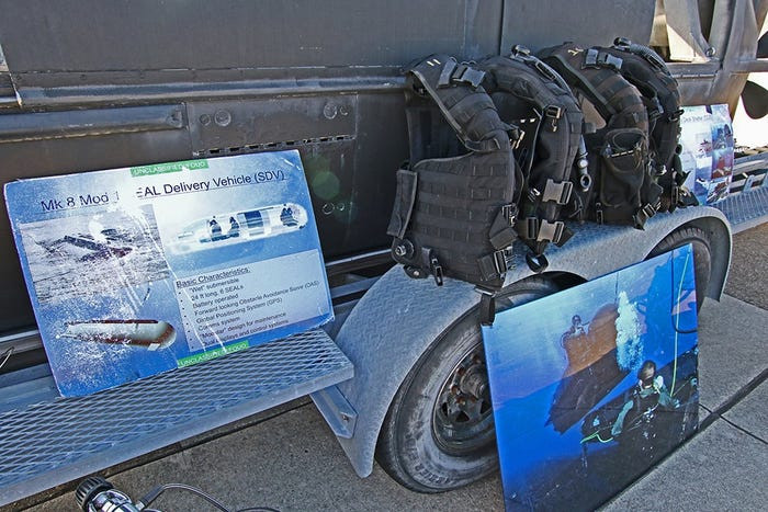 Dọc hai bên thân tàu là các thanh tay cầm, cho phép thợ lặn hải quân khi di chuyển có thể treo các loại trang bị cồng kềnh của mình tại đây hoặc bám vào để cơ động. Nguồn ảnh: BI.