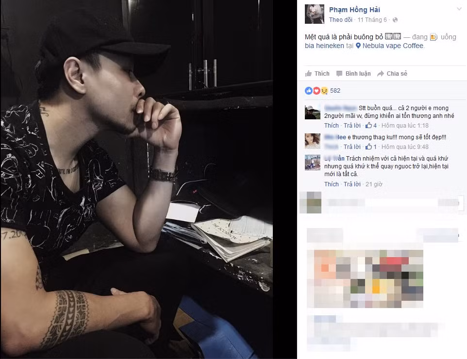 Trang cá nhân của Phạm Hồng Hải thời gian gần đây cũng có những hình ảnh, status tâm trạng tương tự Á Hân và khiến không ít bạn trẻ lo lắng.