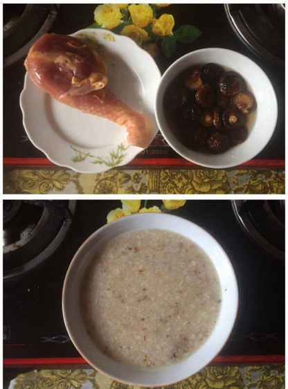 Cháo gà nấm hương: Gà chọn phần đùi, cho vào ninh cùng với cháo. Nấm rửa sạch, ngâm nước nóng và băm nhuyễn. Khi thịt gà chín thì gỡ ra, băm nhỏ và đổ lại nồi cháo cùng với nấm.