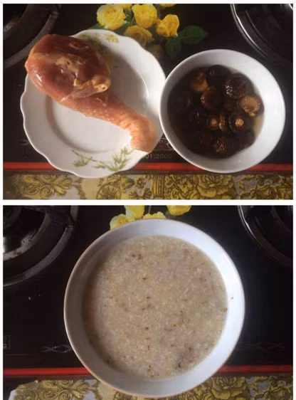 Cháo gà nấm hương: Gà chọn phần đùi, cho vào ninh cùng với cháo. Nấm rửa sạch, ngâm nước nóng và băm nhuyễn. Khi thịt gà chín thì gỡ ra, băm nhỏ và đổ lại nồi cháo cùng với nấm.