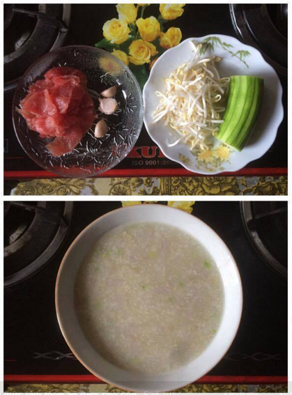 Cháo thịt bò, mướp và giá đỗ: Thịt bò thái mỏng ướp với 1 nhánh tỏi băm, dầu ăn, hạt nêm rồi xào lửa to. Cho mướp xào cùng, đảo nhanh tay. Băm nhỏ giá đỗ và hỗn hợp vừa xào. Bắc nồi cháo trắng lên bếp và đổ những nguyên liệu vừa băm vào ngoáy cùng.