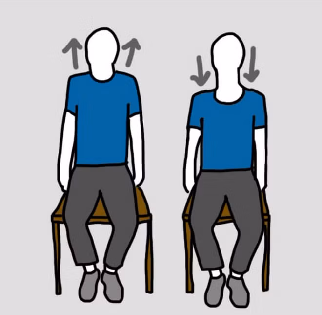 Đau vai. Do nhiều nguyên nhân khác nhau. Bạn có thể chữa cơn đau này bất cứ nơi nào, thậm chí là ở trong thang máy. Đầu tiên hãy hít thở sâu và đồng thời nhún vai lên trên trong 3 giây, từ từ thở ra và đưa vai về vị trí cũ. Làm như vậy 10 lần.