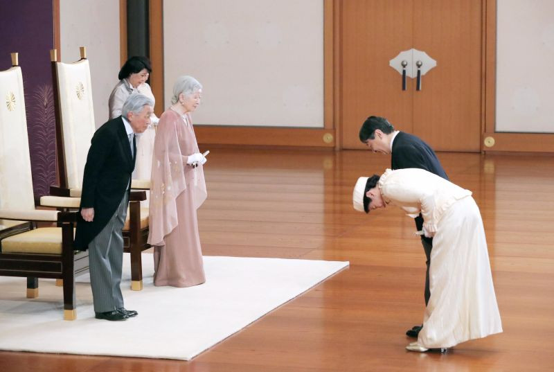 Thái tử Naruhito và công nương Masako đến chúc mừng kỷ niệm 60 năm ngày cưới của cha mẹ - Nhật hoàng Akihito và Hoàng hậu Michiko tháng 4/2019.