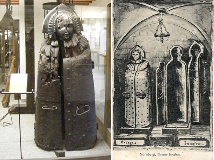 Phía trước trinh nữ sắt có nắp đậy với mặt trong được bao phủ đầy gai nhọn.