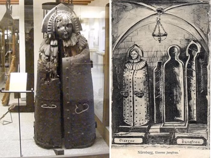 Phía trước trinh nữ sắt có nắp đậy với mặt trong được bao phủ đầy gai nhọn.