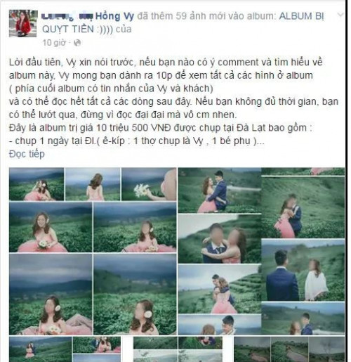 Nữ nhiếp ảnh tố khách hàng quỵt tiền vì chê ảnh cưới chụp xấu. Theo Hồng Vy, cô chụp ảnh cưới cho cặp đôi có tên B và P nhưng giao dịch, thỏa thuận được làm thông qua chị H – là chị gái của chú rể B. Vì trước đó nhiếp ảnh Hồng Vy từng chụp ảnh cho chị H nên chị em tin tưởng lẫn nhau. Trong suốt quá trình chụp ảnh, cả hai thỏa thuận tiền bạc với nhau, theo lời của Hồng Vy thì bộ ảnh cưới này trị giá 10 triệu 500 ngàn đồng. Vào ngày 14/7, Hồng Vy kể cô đã giao hết file và chỉnh màu cho cô dâu (tổng cộng 1600 tấm). Tuy nhiên, sau đó chú rể nhắn tin không ưng hình, hình chụp không có tâm, cẩu thả và không muốn trả tiền.