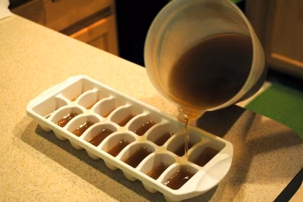 Chia nước dùng từ thịt gà, bò...còn dư vào khay đá, cất trong tủ lạnh. Sau khi nước dùng đông lại, bạn có thể tách từng viên cho vào túi lớn. Khi dùng, chỉ cần rã đông từng viên.