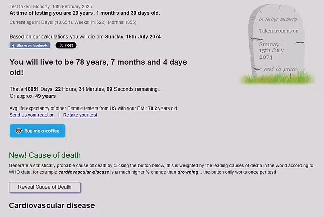 Sau khi điền đủ các thông tin, người dùng có thể được cung cấp dự đoán về nguyên nhân tử vong, tuổi thọ của bản thân so với những người khác cùng giới tính và chỉ số khối cơ thể (BMI) như thế nào. Ảnh: Mail Online.
