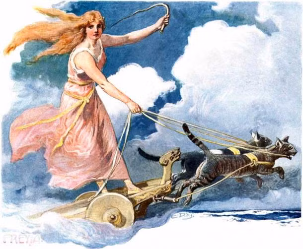 Ngoài ra, nữ thần Freya còn có một cỗ xe di chuyển do những con mèo kéo. Ảnh: Public Domain.