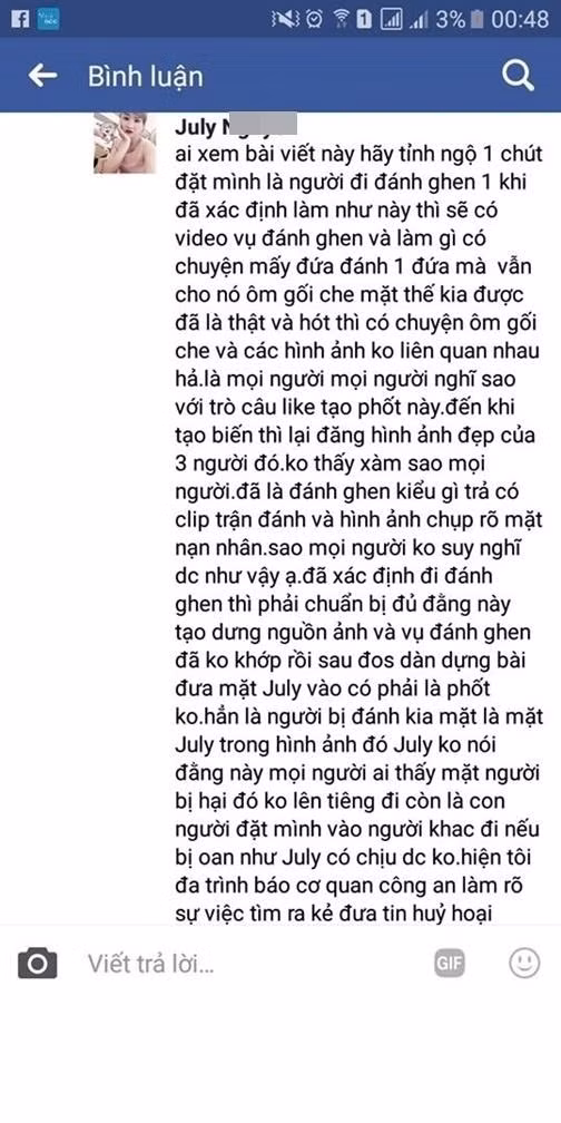 Cô gái trong vai "tình nhân" nhanh chóng được nhiều người xác định có địa chỉ Facebook là J.N, trong thời gian chỉ vài ngày, cô gái này đã phải chịu hàng loạt những tin nhắn lăng mạ, xỉ nhục trên facebook cá nhân của mình.