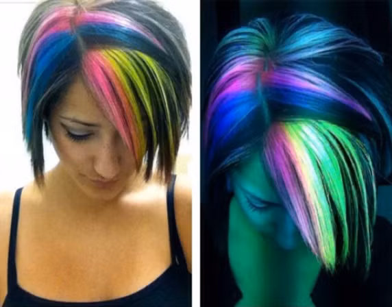 Bảng màu của thuốc nhuộm phát sáng cũng không hề thua kém màu nhuộm thường về độ phong phú với đủ các sắc xanh, đỏ, tím, vàng, hồng. Ảnh: HolleewoodHair.